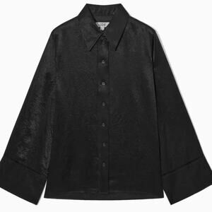 COS Women's Wide Sleeve Crinkled Satin Shirt Black Button Down Extra Small XS